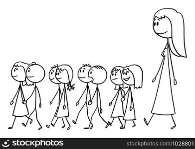 Vector cartoon stick figure drawing conceptual illustration of female kindergarten teacher on the walk with small children.. Vector Cartoon Illustration of Kindergarten Teacher on the Walk with Small Children