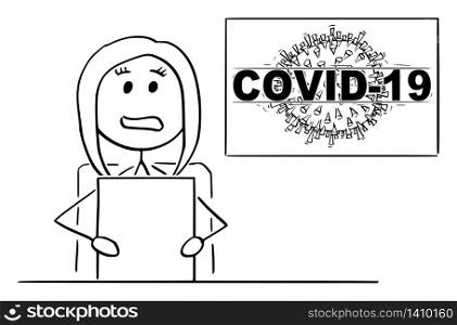 Vector cartoon stick figure drawing conceptual illustration of female newscaster or newsreader in television studio talking about coronavirus COVID-19 epidemic disease.. Vector Cartoon Illustration of Female Newscaster or Newsreader in Television Studio Talking About Coronavirus COVID-19 Disease