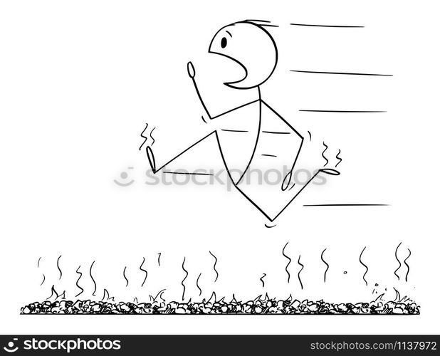 Vector cartoon stick figure drawing conceptual illustration of firewalk, man or businessman running fast in panic or firewalking barefoot over bed of hot embers or stones.. Vector Cartoon Illustration of Firewalk, Man Running Fast in Pain and Panic or Firewalking Barefoot Over Bed of Hot Embers or Stones