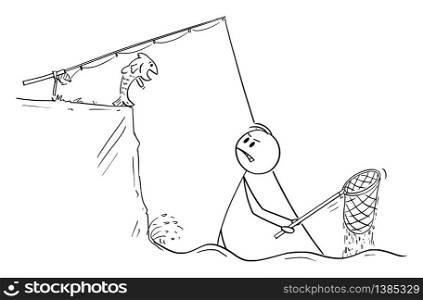Vector cartoon stick figure drawing conceptual illustration of fisherman standing in water with dip net trying to catch fish, while fish is laughing him from the shore or land.. Vector Funny Cartoon Illustration of Fisherman with Dip Net Standing in Water Trying to Catch Fish. Fish Is Laughing Him From the Shore.