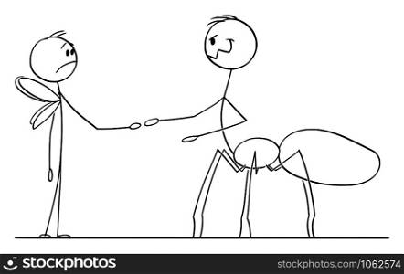 Vector cartoon stick figure drawing conceptual illustration of fly and spider shaking hands as business metaphor of authority and power.. Vector Cartoon Illustration of Fly and Spider Shaking Hands as Business Metaphor of Power and Authority