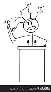 Vector cartoon stick figure drawing conceptual illustration of fool or foolish man, businessman or politician having speech behind lectern with jester hat.. Vector Cartoon of Fool Man, Businessman or Politician Having Speech Behind Lectern with Jester Hat