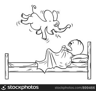 Vector cartoon stick figure drawing conceptual illustration of frightened man in bed hiding from his nightmare elephant monster.. Vector Cartoon of Frightened Man Hiding Under Blanket From His Nightmare