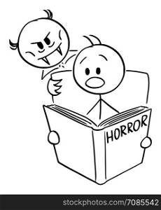 Vector cartoon stick figure drawing conceptual illustration of frightened man reading scary horror book and vampire is looking over his shoulder.. Vector Cartoon of Frightened Man Reading Scary Horror Book and Vampire is Looking Over His Shoulder