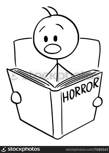 Vector cartoon stick figure drawing conceptual illustration of frightened man reading scary horror book.. Vector Cartoon of Frightened Man Reading Scary Horror Book