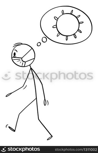 Vector cartoon stick figure drawing conceptual illustration of frustrated, depressed or sad man thinking about covid-19 or coronavirus danger.. Vector Cartoon Illustration of Sad, Depressed or Frustrated Man Thinking About Coronavirus Covid-19 Danger