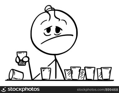 Vector cartoon stick figure drawing conceptual illustration of frustrated drunk man sitting with many empty shot or short drinks glasses.. Vector Cartoon of Frustrated Drunk Man Sitting with Many Empty Glasses on Table