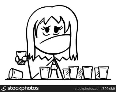 Vector cartoon stick figure drawing conceptual illustration of frustrated drunk woman sitting with many empty shot or short drinks glasses.. Vector Cartoon of Frustrated Drunk Woman Sitting with Many Empty Glasses on Table