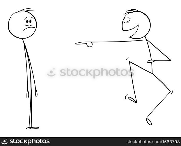Vector cartoon stick figure drawing conceptual illustration of frustrated man or businessman and another man laughing him. Concept or mockery or ridicule on workplace.. Vector Cartoon Illustration of Man or Businessman Laughing to Another Man Coworker. Concept of Ridicule or Mockery on Workplace
