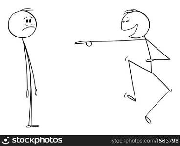Vector cartoon stick figure drawing conceptual illustration of frustrated man or businessman and another man laughing him. Concept or mockery or ridicule on workplace.. Vector Cartoon Illustration of Man or Businessman Laughing to Another Man Coworker. Concept of Ridicule or Mockery on Workplace