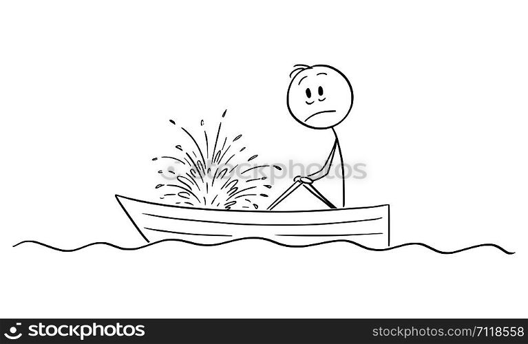 Vector cartoon stick figure drawing conceptual illustration of frustrated man or businessman sitting in rowing boat and watching the water squirting inside with resignation. Boat is sinking.. Vector Cartoon Illustration of Frustrated Man or Businessman Sitting in Rowing Boat and Watching Water Squirting Inside with Resignation