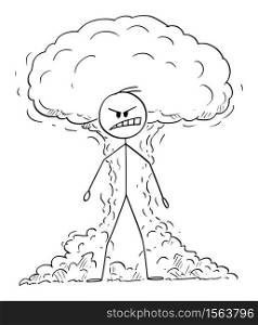 Vector cartoon stick figure drawing conceptual illustration of furious, angry raging man expressing his emotion with atomic or nuclear explosion on background.. Vector Cartoon Illustration of Angry, Furious and Raging Man Expressing His Emotion with Nuclear Atomic Explosion in Background