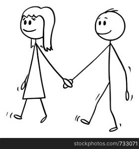 Vector cartoon stick figure drawing conceptual illustration of girl and boy holding hands and walking together.. Vector Cartoon of Boy and Girl Holding Hands and Walking Together