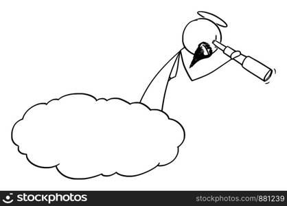 Vector cartoon stick figure drawing conceptual illustration of god looking down through spyglass, field glass or telescope from cloud representing heaven.. Vector Cartoon of God Looking Down Through Spyglass From the Cloud or Heaven