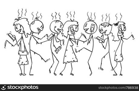 Vector cartoon stick figure drawing conceptual illustration of group of addicted zombies or dead people walking on the street and using mobile phones or cell phones.. Vector Cartoon of Crowd of Addicted Zombies or Dead People Walking on the Street and Using Mobile Phones or Cellphones