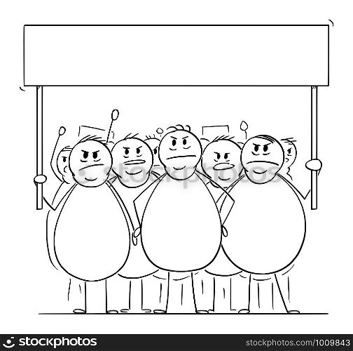 Vector cartoon stick figure drawing conceptual illustration of group of angry overweight or fat men or people on demonstration demonstrating with empty sign. Concept of health, consumerism and sustainability.. Vector Cartoon Illustration of Group of Angry Overweight or Fat Men or People on Demonstration With Empty Sign