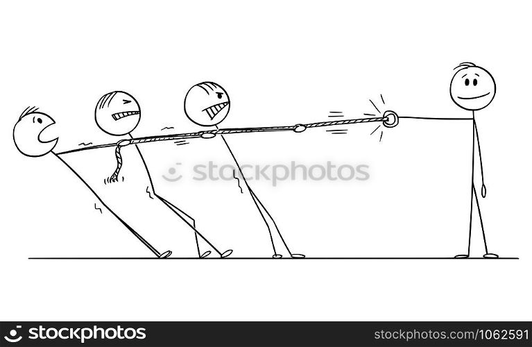 Vector cartoon stick figure drawing conceptual illustration of group of businessmen playing tug-of-war with strong individuality or monopoly.. Vector Cartoon Illustration of Group of Businessmen Playing Tug-of-war with Strong Individuality