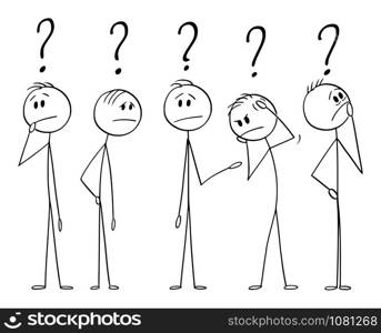 Vector cartoon stick figure drawing conceptual illustration of group of five men or businessmen thinking together hard about problem. Brainstorming concept.. Vector Cartoon Illustration of Five Men or Businessmen Thinking Hard About Problem. Brainstorming Concept