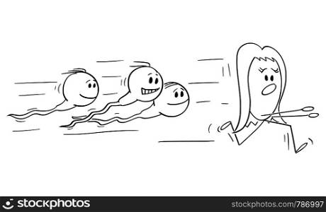 Vector cartoon stick figure drawing conceptual illustration of group of human sperm cells or spermatozoon chasing ovum or egg to fertilize it.. Vector Cartoon of Human Sperm Cells or Spermatozoon Chasing Egg or Ovum to Fertilize It