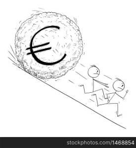 Vector cartoon stick figure drawing conceptual illustration of group of investor or businessmen running away from euro currency symbol boulder rolling down hill. Financial concept.. Vector Cartoon Illustration of Group of Investors or Businessmen Running Away From Euro Symbol Boulder Rolling Down the Hill.