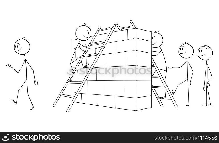 Vector cartoon stick figure drawing conceptual illustration of group of men,businessmen or illegal immigrants overcoming or climbing over the wall or obstacle on border or on the path to success.. Vector Cartoon Illustration of Group of Men, Businessmen or Immigrants Overcoming the Obstacle or Wall on Border or Path to Success