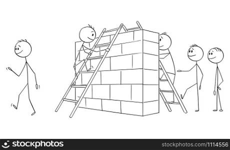 Vector cartoon stick figure drawing conceptual illustration of group of men,businessmen or illegal immigrants overcoming or climbing over the wall or obstacle on border or on the path to success.. Vector Cartoon Illustration of Group of Men, Businessmen or Immigrants Overcoming the Obstacle or Wall on Border or Path to Success