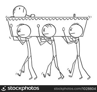 Vector cartoon stick figure drawing conceptual illustration of group of men carrying coffin with dead person during burial or funeral ceremony.. Vector Cartoon Illustration of Group of Men Carrying Coffin with Dead During Burial or Funeral Ceremony