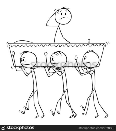 Vector cartoon stick figure drawing conceptual illustration of group of men carrying coffin during burial or funeral ceremony, dead man wake up and looking surprised .. Vector Cartoon Illustration of Group of Men Carrying Coffin with During Burial or Funeral Ceremony, Dead Man Wake Up