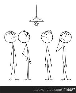 Vector cartoon stick figure drawing conceptual illustration of group of men or businessmen solving complex problem how to change malfunction light bulb.. Vector Cartoon Illustration of Group of Men or Businessmen Solving Complex Problem How to Change Light Bulb