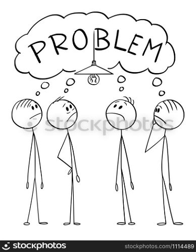 Vector cartoon stick figure drawing conceptual illustration of group of men or businessmen solving complex problem how to change malfunction light bulb.. Vector Cartoon Illustration of Group of Men or Businessmen Solving Complex Problem How to Change Light Bulb