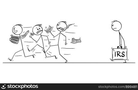 Vector cartoon stick figure drawing conceptual illustration of group of men or businessmen running away in fear from IRS or taxation authority officer .. Vector Cartoon of Group of Men or businessmen Running Away in Fear From IRS or Taxation Authority Officer