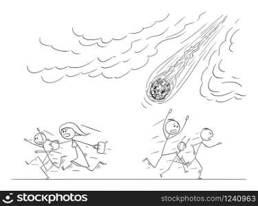 Vector cartoon stick figure drawing conceptual illustration of group of people or crowd running away in panic from falling asteroid crashing to Earth or meteorite.. Vector Cartoon Illustration of Group of People or Crowd Running Away in Panic From Falling Meteorite or Asteroid Crashing to Earth
