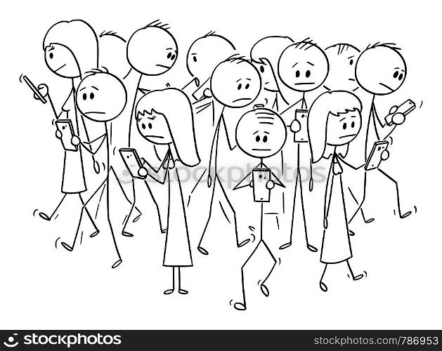 Vector cartoon stick figure drawing conceptual illustration of group of people or pedestrians walking on the street and using mobile phones or cell phones.. Vector Cartoon of Crowd of People Walking on the Street and Using Mobile Phones or Cellphones