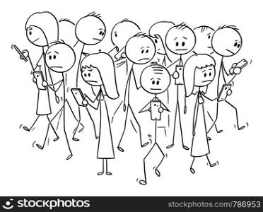 Vector cartoon stick figure drawing conceptual illustration of group of people or pedestrians walking on the street and using mobile phones or cell phones.. Vector Cartoon of Crowd of People Walking on the Street and Using Mobile Phones or Cellphones
