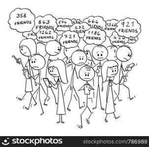 Vector cartoon stick figure drawing conceptual illustration of group of people or pedestrians walking and using online social networks on mobile phones, and thinking about online friends.. Vector Cartoon of Crowd of People Walking on the Street and Using Online Social Networks on Mobile Phones