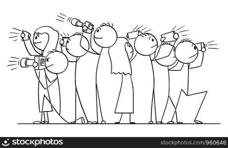 Vector cartoon stick figure drawing conceptual illustration of group of people, photographers or tourists taking pictures.. Vector Cartoon Illustration of Group of Photographers or People or Tourists with Cameras Taking Pictures