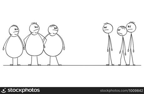 Vector cartoon stick figure drawing conceptual illustration of group of thin men looking at crowd of angry fat or obese people.. Vector Cartoon Illustration of Group of Thin Men Looking at Crowd of Angry Fat or Obese People