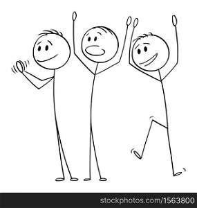 Vector cartoon stick figure drawing conceptual illustration of group of three happy men or businessmen celebrating success, applauding and clapping.. Vector Cartoon Illustration of Group of Three Happy Men or Businessmen Celebrating Success, Applauding and Clapping
