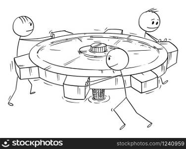 Vector cartoon stick figure drawing conceptual illustration of group or business team of men or businessmen pushing big cog or geared wheel together. Concept of teamwork.. Vector Cartoon Illustration of Group or Business Team of Men or Businessmen Pushing Big Cog Wheel. Concept of Teamwork.