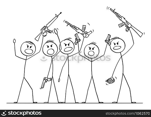 Vector cartoon stick figure drawing conceptual illustration of group or crowd of soldiers or armed people with guns demonstrating or brandish with pistols and rifles.. Vector Cartoon Illustration of Group of Soldiers or Armed People with Guns Demonstrating or Brandish with Pistols and Rifles