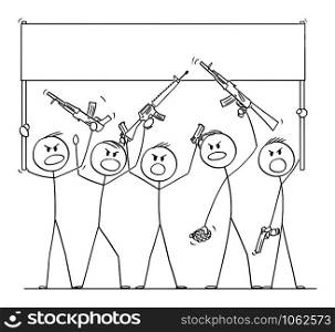Vector cartoon stick figure drawing conceptual illustration of group or crowd of soldiers, or armed people with guns demonstrating or brandish with pistols and rifles and holding empty sign.. Vector Cartoon Illustration of Group of Soldiers or Armed People with Guns Demonstrating or Brandish with Pistols and Rifles Holding Empty Sign