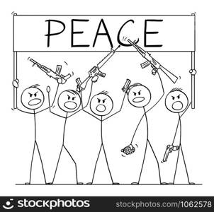 Vector cartoon stick figure drawing conceptual illustration of group or crowd of soldiers, or armed people with guns demonstrating or brandish with pistols and rifles and holding peace sign.. Vector Cartoon Illustration of Group of Soldiers or Armed People with Guns Demonstrating or Brandish with Pistols and Rifles Holding Peace Sign