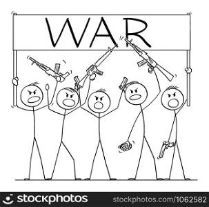 Vector cartoon stick figure drawing conceptual illustration of group or crowd of soldiers, or armed people with guns demonstrating or brandish with pistols and rifles and holding war sign.. Vector Cartoon Illustration of Group of Soldiers or Armed People with Guns Demonstrating or Brandish with Pistols and Rifles Holding War Sign
