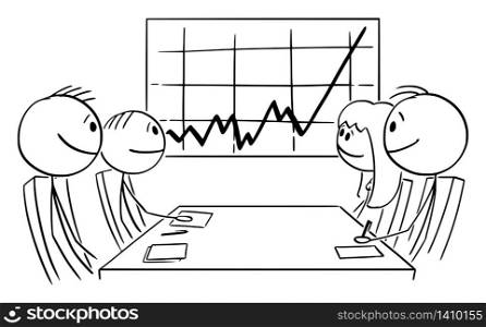 Vector cartoon stick figure drawing conceptual illustration of happy business people on meeting showing growing financial or profit graph. Economic growth concept.. Vector Cartoon Illustration of Happy Group of Business People on Meeting Showing Growing Profit or Financial Chart or Graph