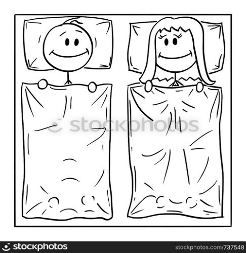 Vector cartoon stick figure drawing conceptual illustration of happy couple lying in bed, man and woman are smiling and satisfied. Concept of love and relationship.. Vector Cartoon of Happy Couple Lying in Bed, Man and Woman Are Satisfied and Smiling