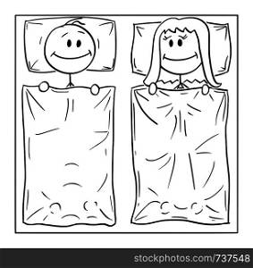 Vector cartoon stick figure drawing conceptual illustration of happy couple lying in bed, man and woman are smiling and satisfied. Concept of love and relationship.. Vector Cartoon of Happy Couple Lying in Bed, Man and Woman Are Satisfied and Smiling