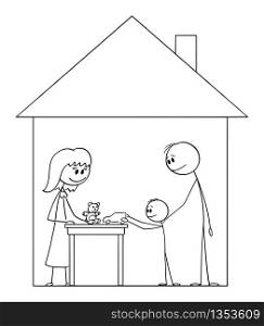 Vector cartoon stick figure drawing conceptual illustration of happy family of mother, father and child living inside family house.. Vector Cartoon Illustration of Happy Family of Father, Mother and Child Living Inside Family House