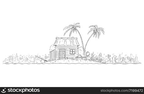 Vector cartoon stick figure drawing conceptual illustration of happy man enjoying living alone on small tropical island, isolated from civilization, city skyline on background.. Vector Cartoon Illustration of Happy Man Enjoying Living Alone Isolated on Small Tropical Island Separated From Civilization, City Skyline on Background
