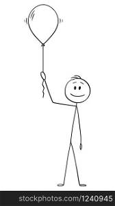 Vector cartoon stick figure drawing conceptual illustration of happy man or businessman holding inflatable party balloon or helium air ball.. Vector Cartoon Illustration of Happy Man or Businessman Holding Inflatable Party Balloon or Helium Air Ball