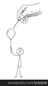 Vector cartoon stick figure drawing conceptual illustration of happy man or businessman holding inflatable party balloon or helium air ball, while big hand of god or fortune or destiny is breaking it.. Vector Cartoon Illustration of Happy Man or Businessman Holding Inflatable Party Balloon or Air Ball While Big Hand of God or Fortune is Breaking It.